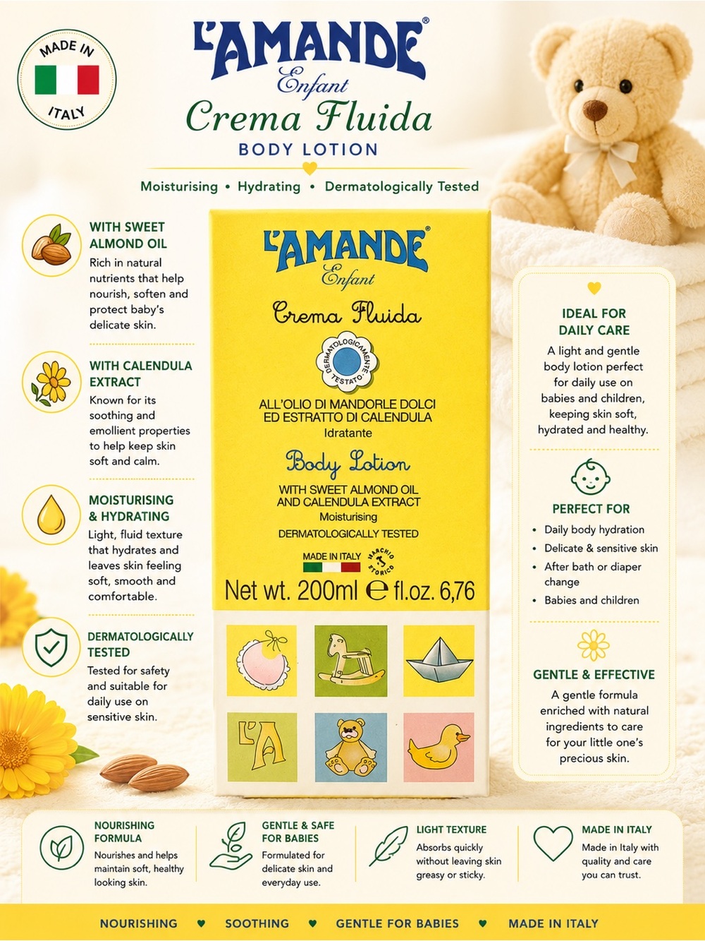L’AMANDE Enfant Body Lotion 200ml Sweet Almond Oil & Calendula Baby Moisturize